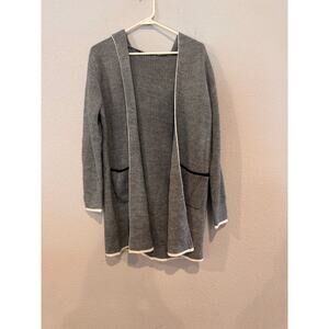 Women Hooded Open Front Cardigan Black & White Knit with Trim & Pockets S